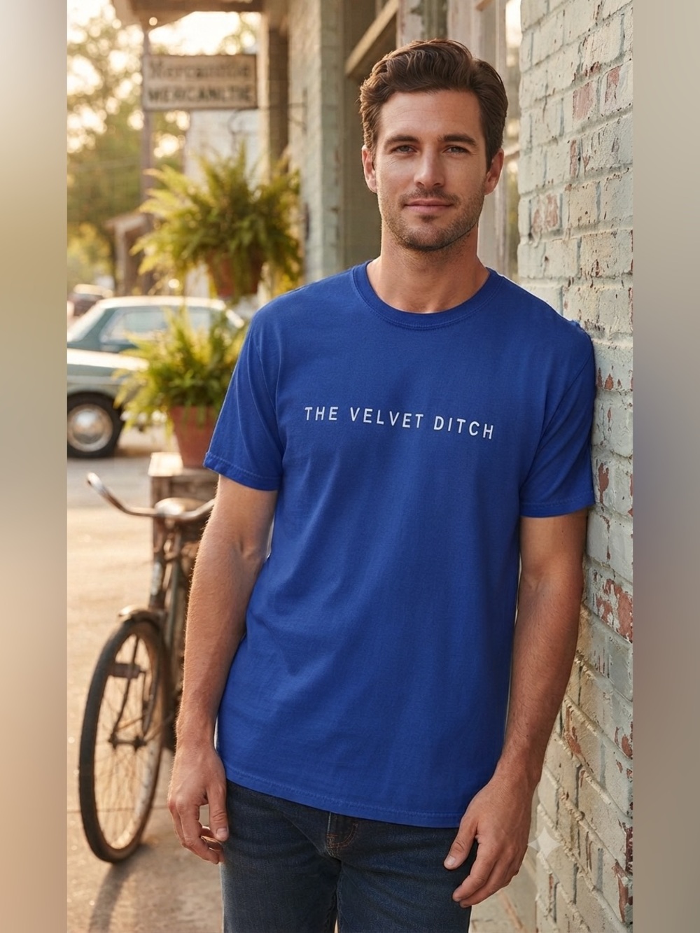 Comfort Colors Men’s Blue Graphic Tee with White Lettering